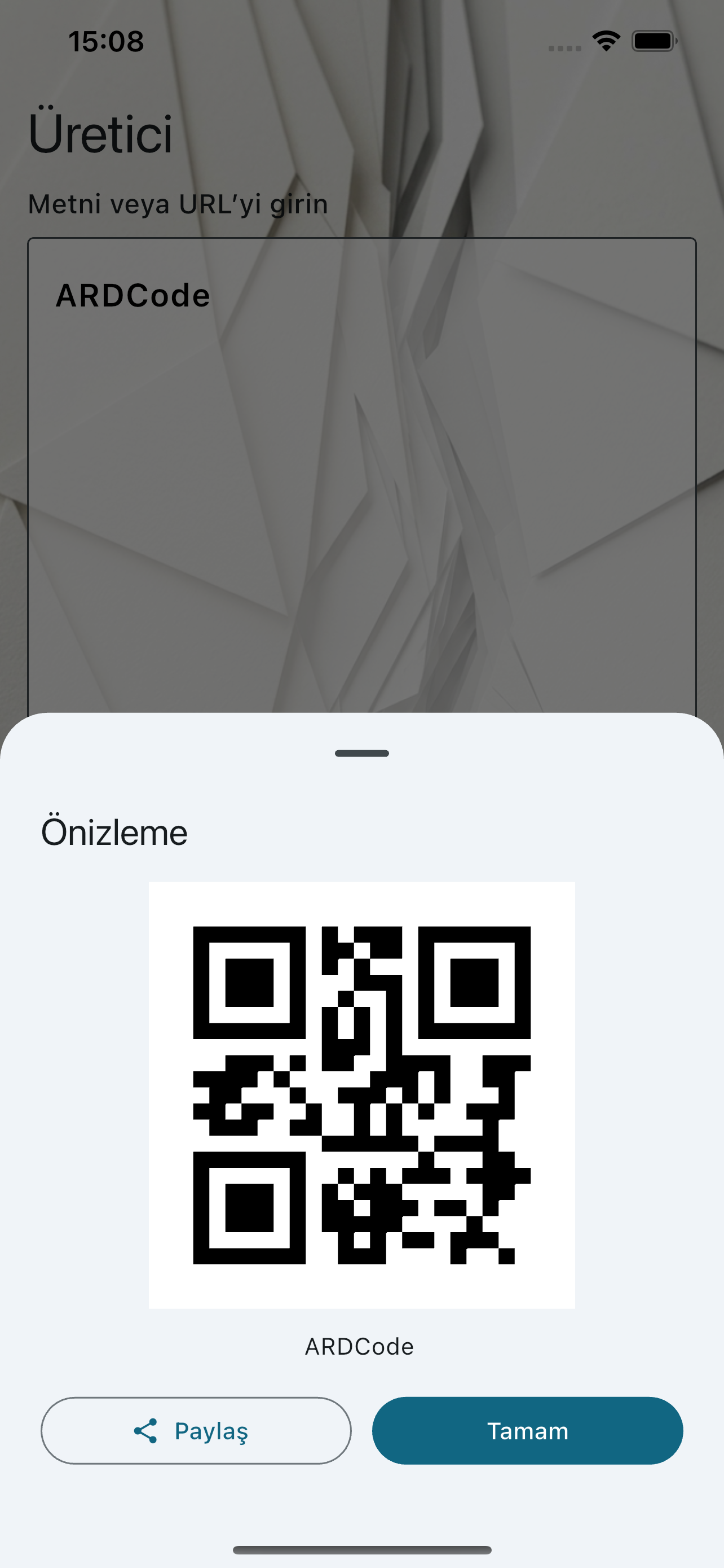 ARDCode QR önizleme ve paylaşım ekranı